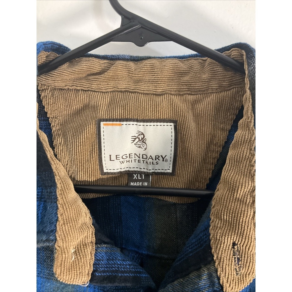 Legendary Whitetails Mens Large Buck Camp Flannel Shirt Blue Plaid Corduroy - Picture 2 of 5